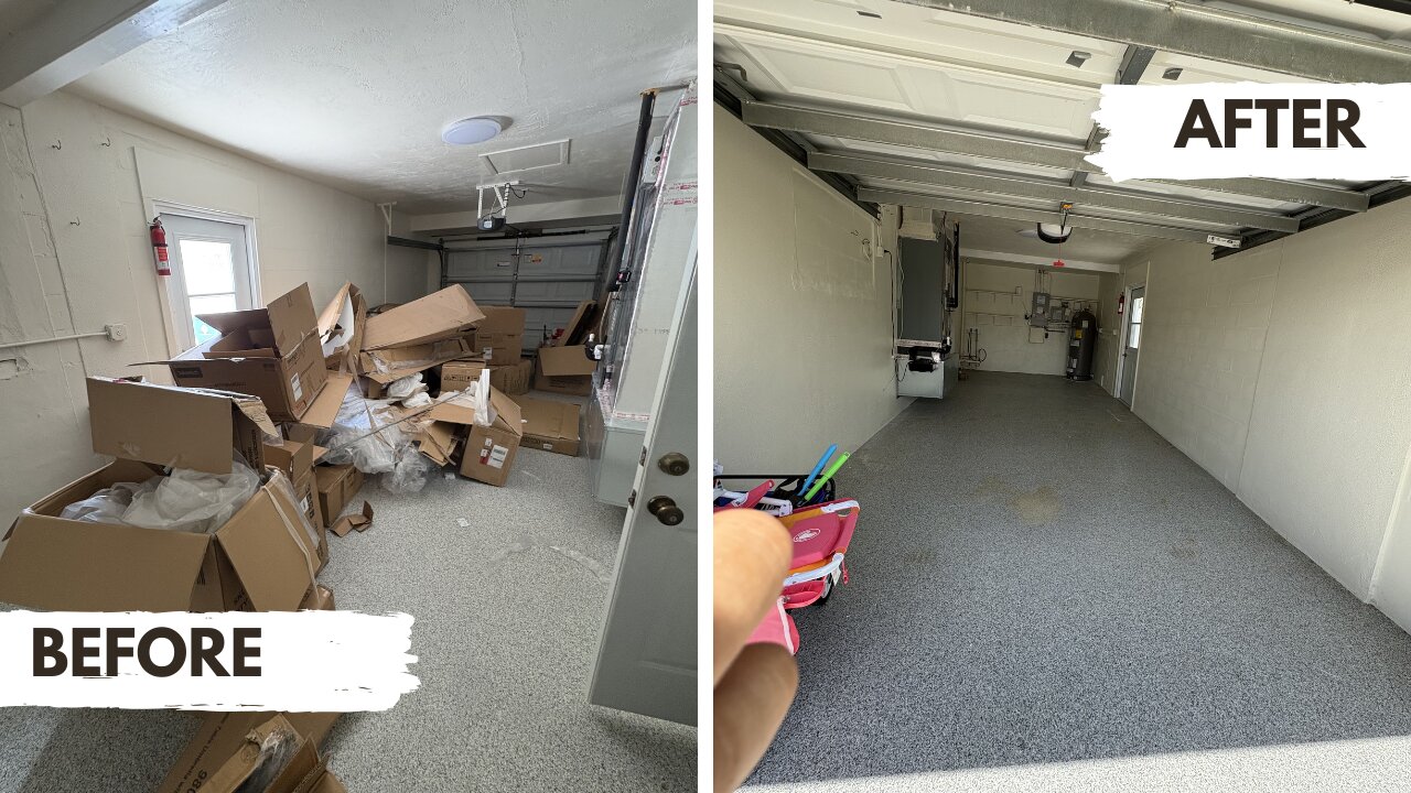 Before and after photos of a garage cleaned out and restored by Tony's Property Maintenance