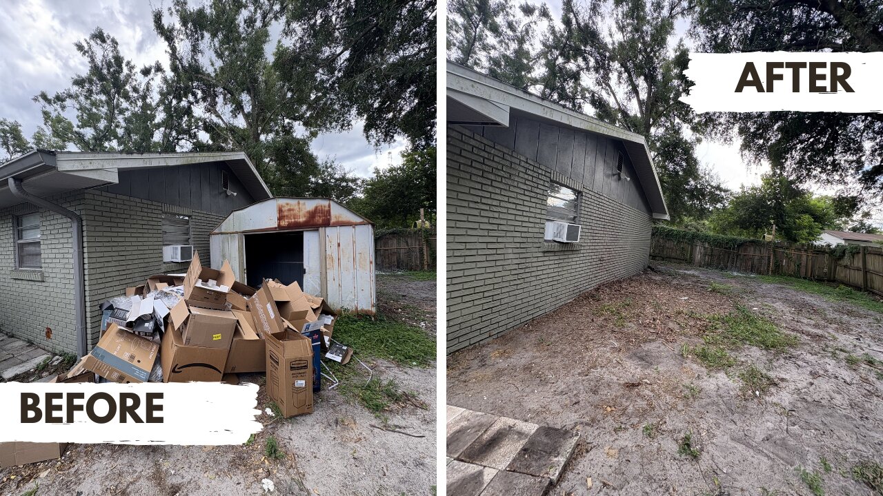 Before and after photos of junk and debris removed from the side of a Tampa property by Tony's Property Maintenance