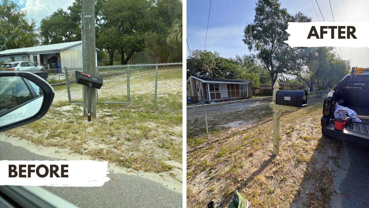 Before and after photos of a damaged mailbox replaced by Tony's Property Maintenance