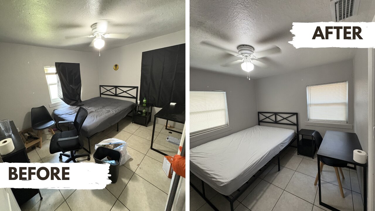 Before and after photos of a bedroom turnover cleaning by Tony's Property Maintenance